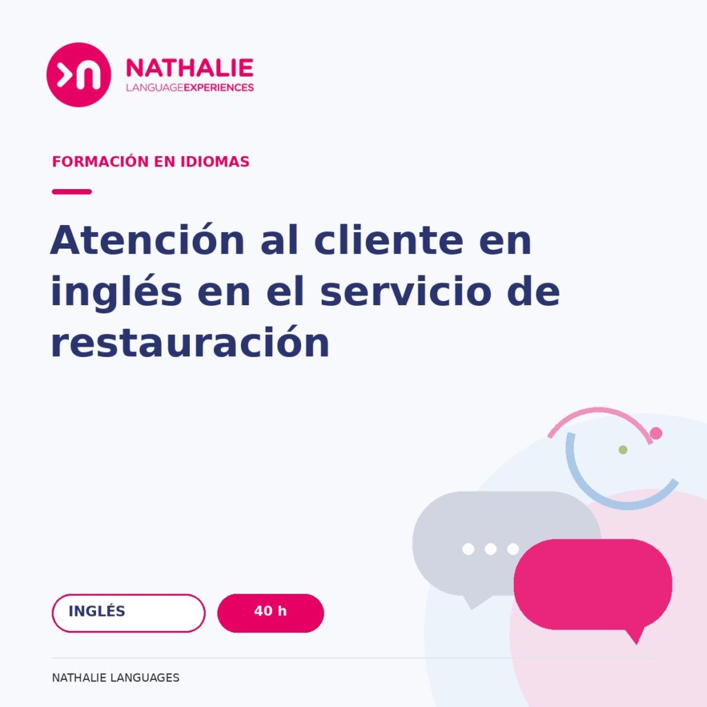 Portada del curso Atención al cliente en inglés en el servicio de restauración · 40 h de Nathalie Languages.
