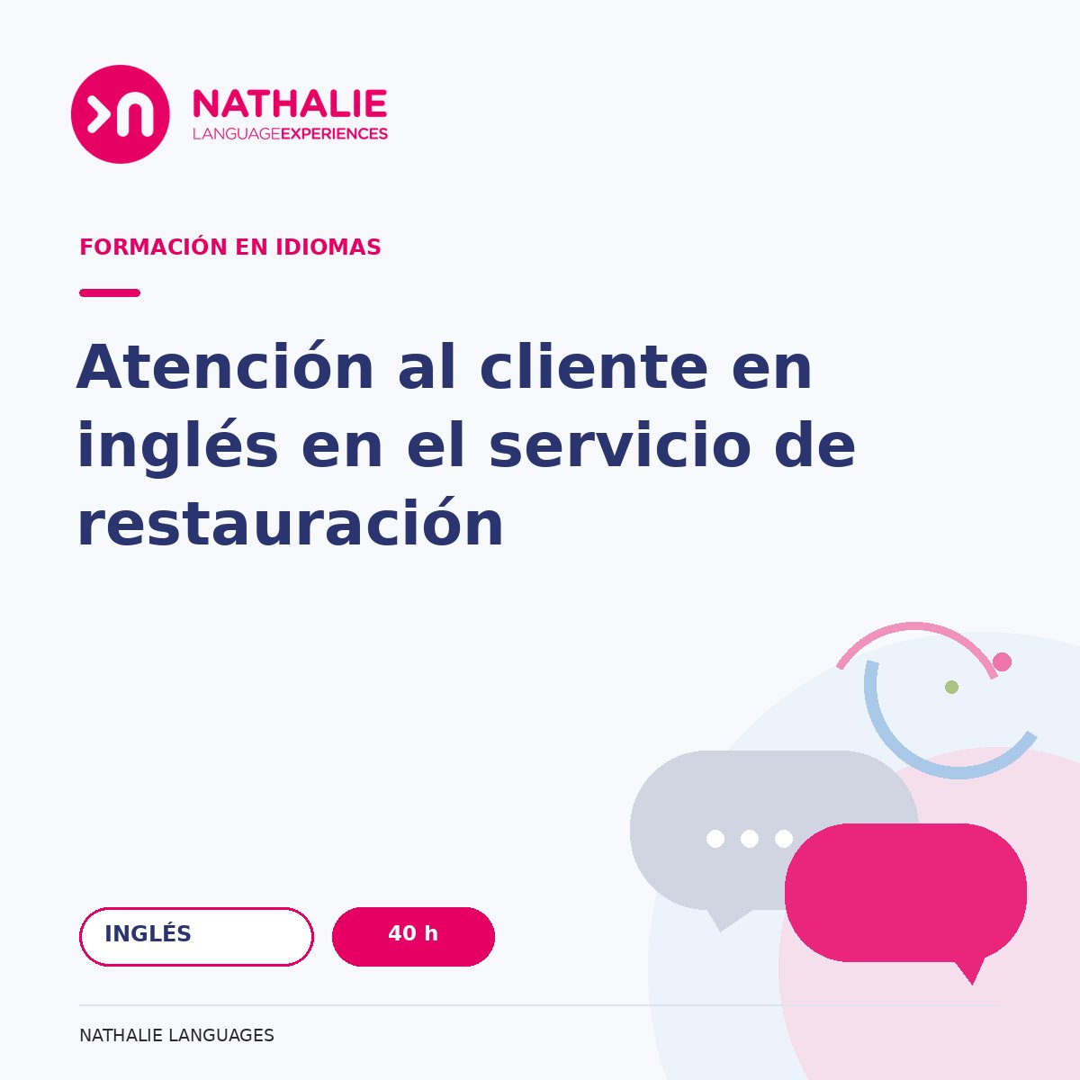 Portada del curso Atención al cliente en inglés en el servicio de restauración · 40 h de Nathalie Languages.