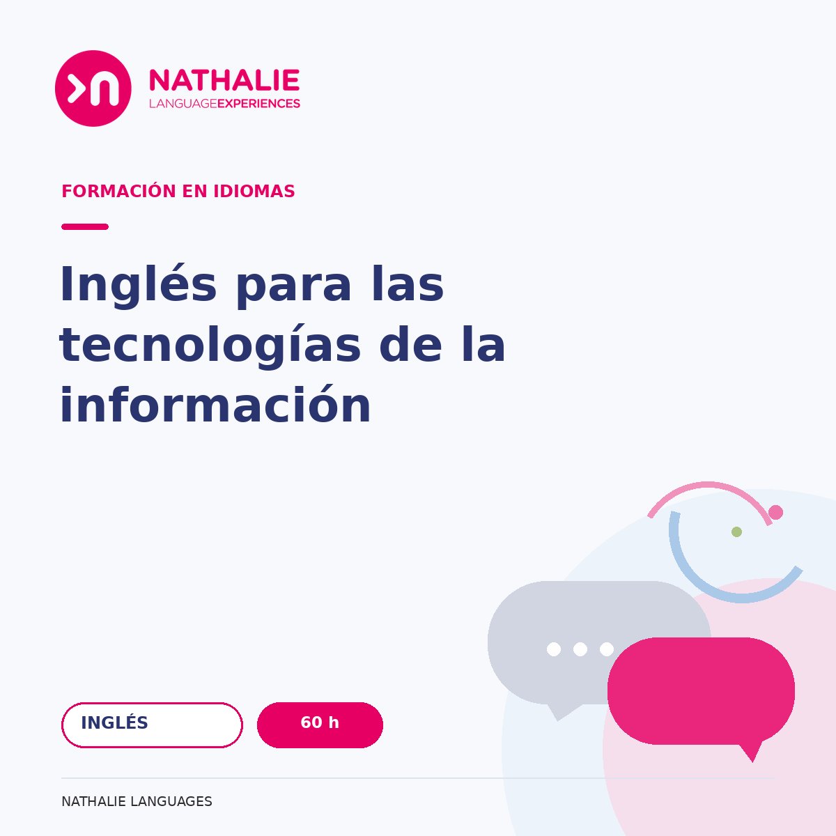 Portada del curso Inglés para las tecnologías de la información · 60 h de Nathalie Languages.